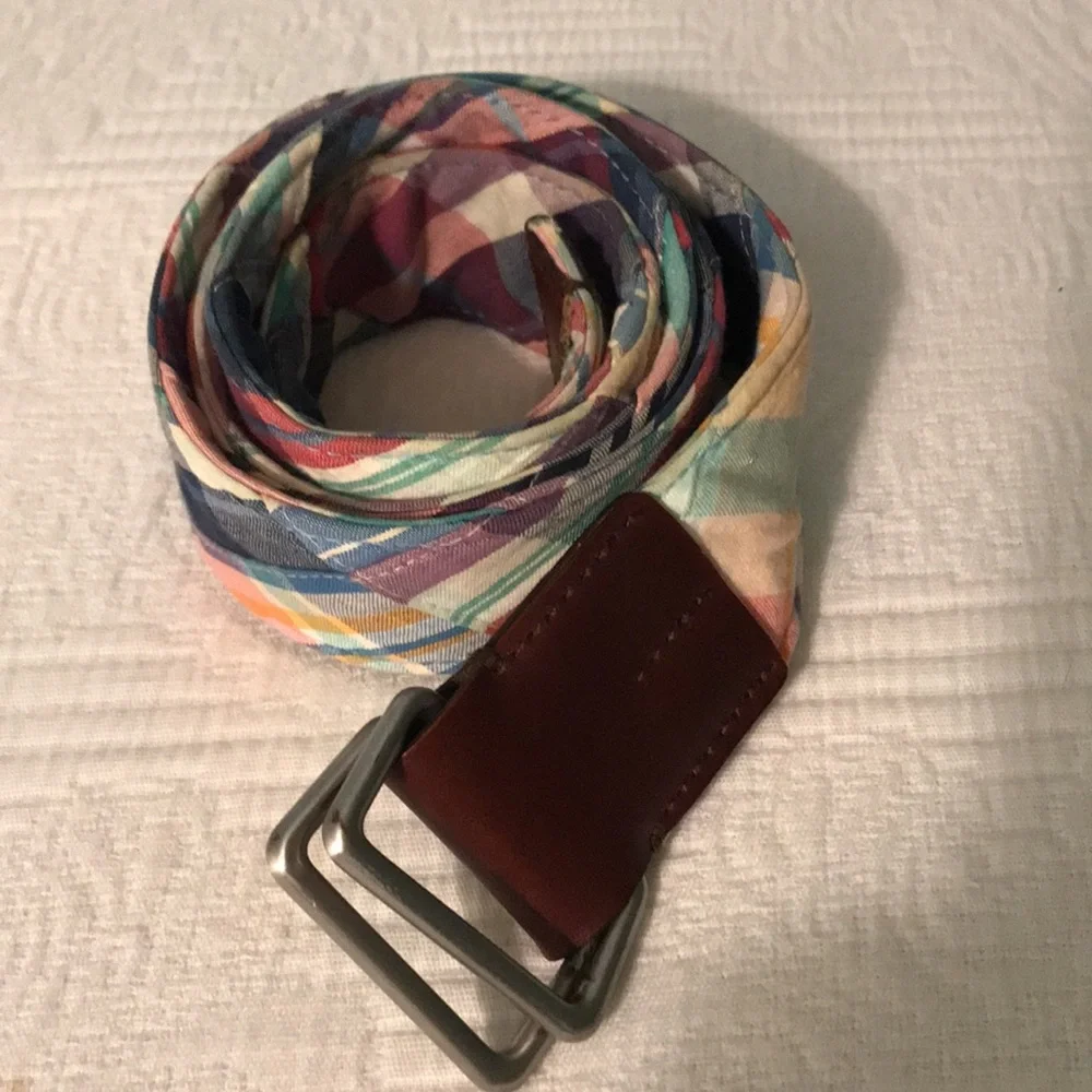Brooks Brothers Preppy Plaid Fabric Belt with Brown Leather Accents Adjustable